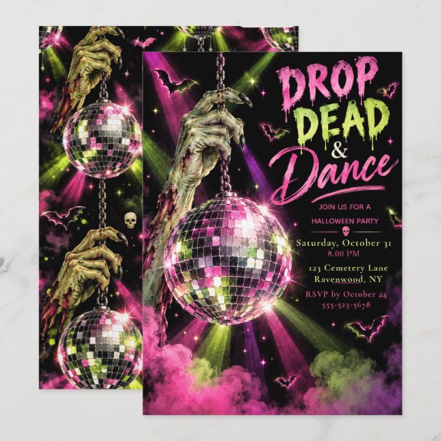 Invitación Fiesta de Halloween Drop Dead & Dance (Anverso / Reverso)
