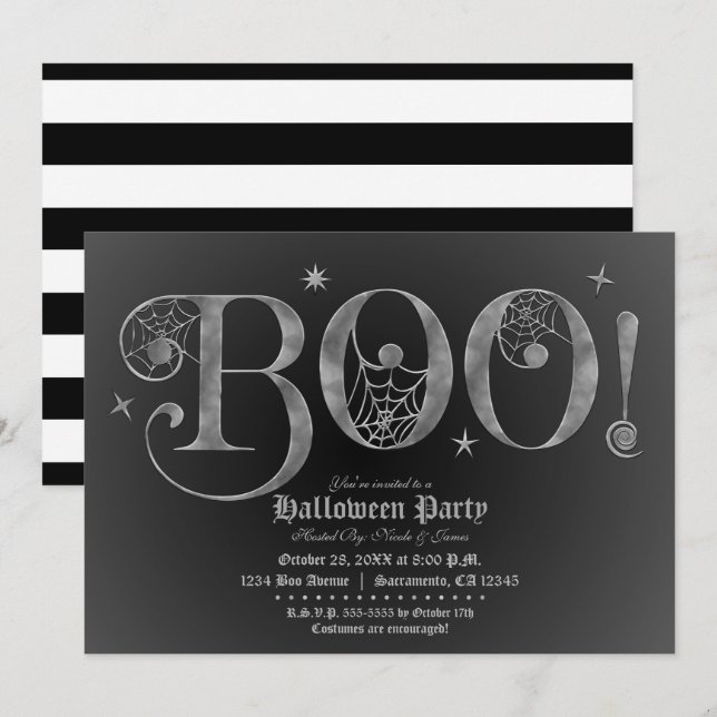 Invitación Fiesta de Halloween elegante BOO plateado y negro  (Anverso / Reverso)