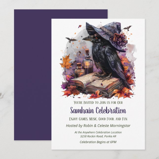 Invitación Fiesta de Halloween Embrujada de Samhain con Bruja (Anverso / Reverso)