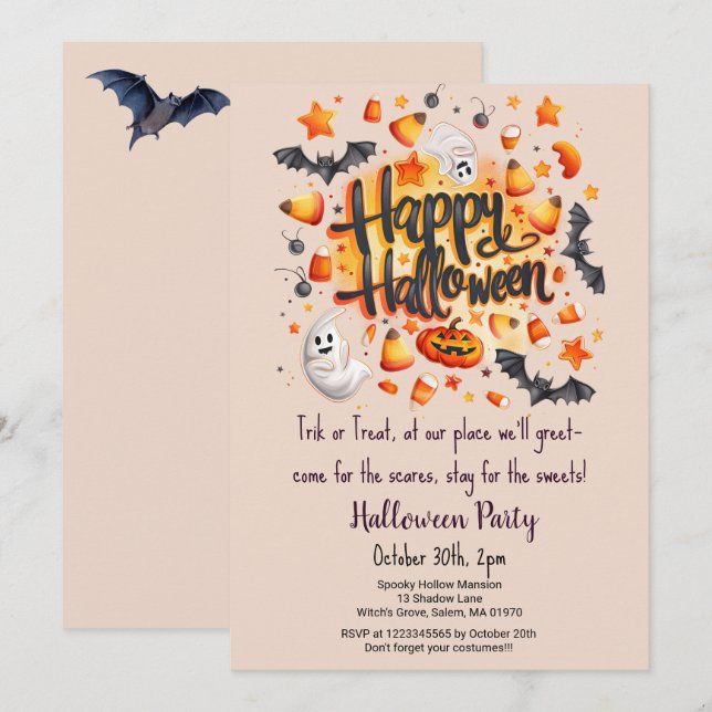 Invitación Fiesta de Halloween en Bats Candy Corn Trick o Tre (Anverso / Reverso)