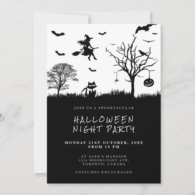 Invitación Fiesta de Halloween en Blanco y Negro de Bruja Esp (Anverso)