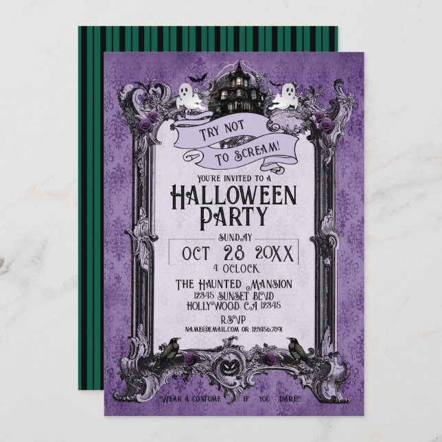 Invitación Fiesta de Halloween en Casa Embrujada (Anverso / Reverso)