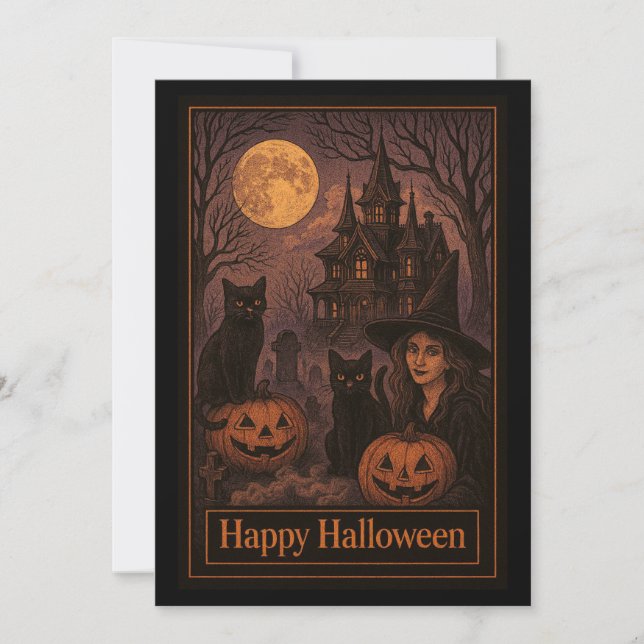 Invitación Fiesta de Halloween en Casa Embrujada de Brujas (Anverso)