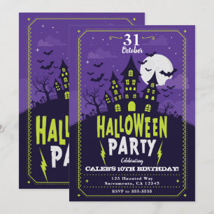 Invitación Fiesta de Halloween en Casa Embrujada Morada y Ver