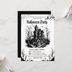 Invitación Fiesta de Halloween en Casa Embrujada Negra y Blan