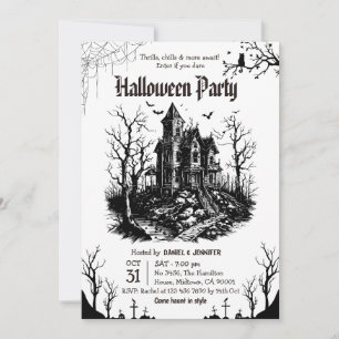 Invitación Fiesta de Halloween en Casa Embrujada Negra y Blan