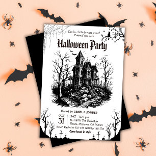 Invitación Fiesta de Halloween en Casa Embrujada Negra y Blan