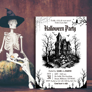 Invitación Fiesta de Halloween en Casa Embrujada Negra y Blan