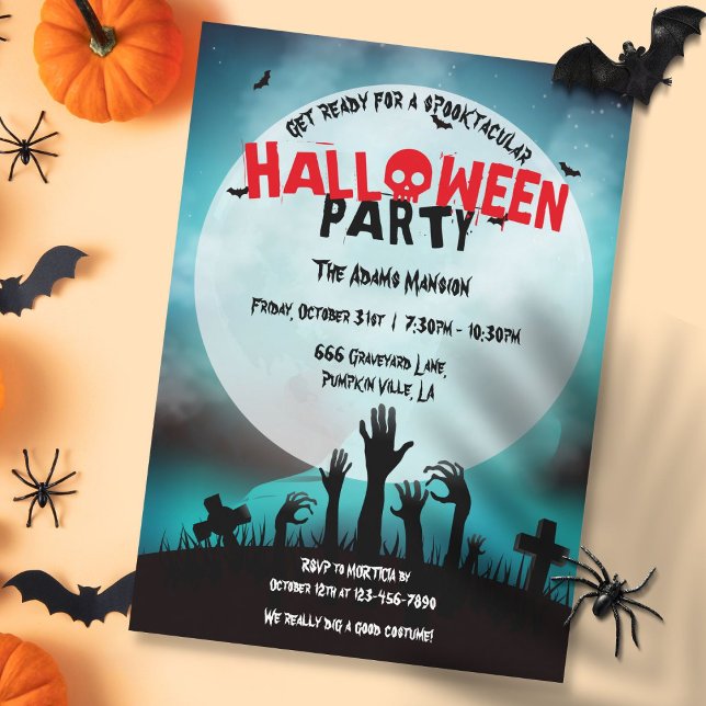Invitación Fiesta de Halloween en cementerio de zombies espel (Spooky Zombie Graveyard Halloween Party Invitation)