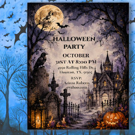 Invitación Fiesta de Halloween en el cementerio iluminado por