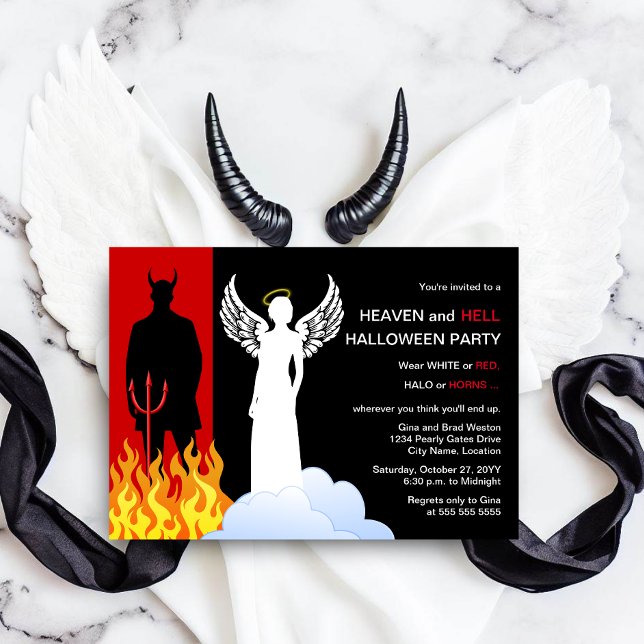 Invitación Fiesta De Halloween En El Cielo Y El Infierno (Celebrate a heaven and hell Halloween party by inviting your guests with this angel and devil invite)
