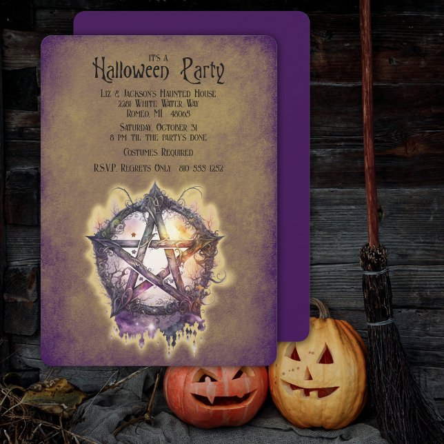 Invitación Fiesta de Halloween en el Penatcle de las brujas d (Witch Wicca Symbol of Protection Halloween Costume Party Invitation)