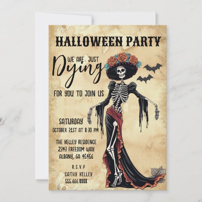 Invitación Fiesta de Halloween en el Skeleton de Catrina (Anverso)