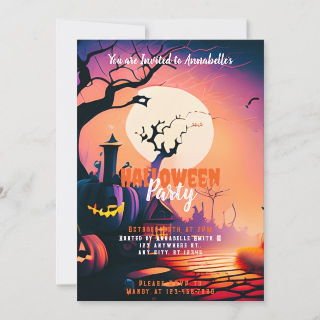 Invitación Fiesta de Halloween en la Luna llena de Jack-O' La (Anverso)