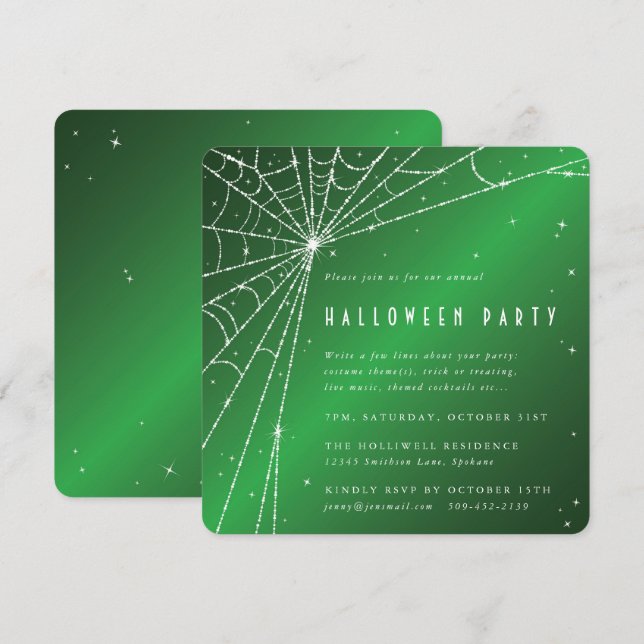 Invitación Fiesta de Halloween en la Web de la araña verde cu (Anverso / Reverso)
