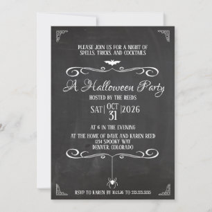 Invitación Fiesta de Halloween en pizarra vintage en blanco y