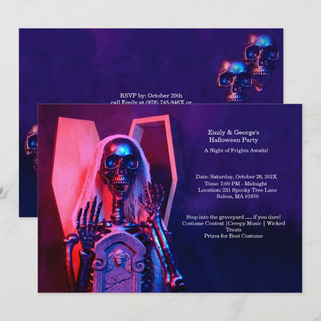 Invitación Fiesta de Halloween en Purple Skeleton (Anverso / Reverso)