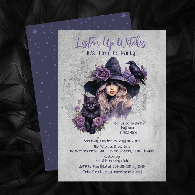 Invitación Fiesta de Halloween en Raven y Gato Brujo Púrpura (Gather your friends for a Halloween celebration with this "Listen Up Witches It's Time to Party!")