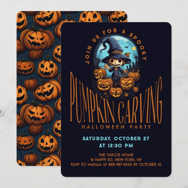 Invitación Fiesta de Halloween espeluznante de calabaza talla (Anverso / Reverso)