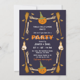 Invitación Fiesta de Halloween Esqueleto Mano Bruja Escoba Gó