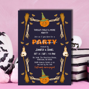 Invitación Fiesta de Halloween Esqueleto Mano Bruja Escoba Gó