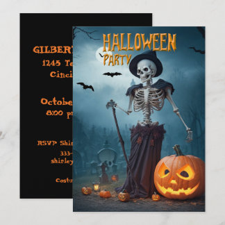 Invitación Fiesta de Halloween Esqueleto y Calabazas