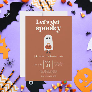 Invitación Fiesta de Halloween Fantasma Retro Brown y Blanco