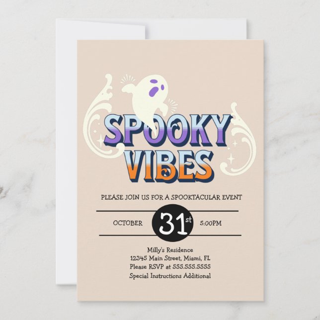Invitación Fiesta de Halloween Fantasma Vibraciones Espeluzna (Anverso)