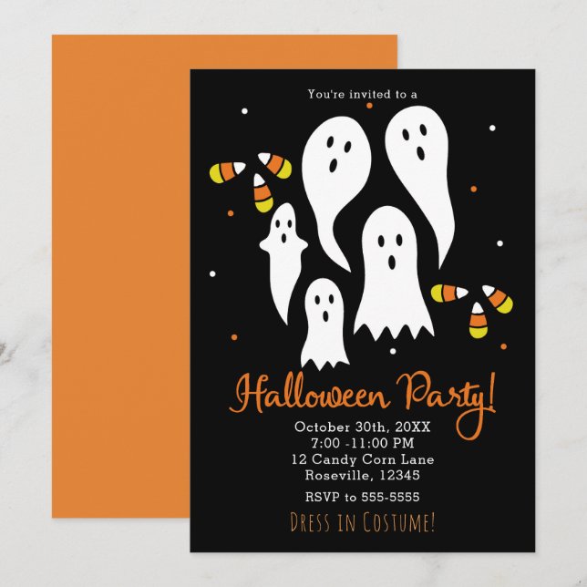 Invitación Fiesta de Halloween Fantasmas y Maíz de Caramelo N (Anverso / Reverso)