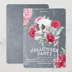 Invitación Fiesta de Halloween floral de cráneo acuarela góti
