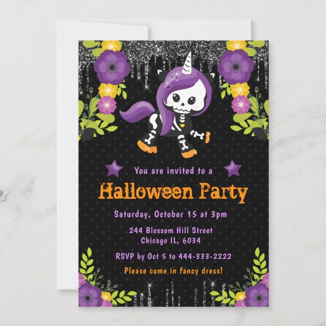 Invitación Fiesta de Halloween floral de Cute Unicorn (Anverso)