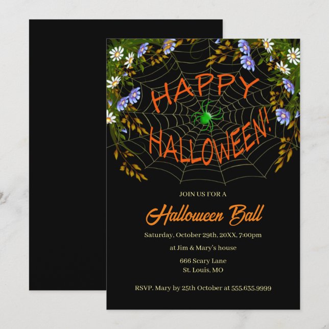 Invitación Fiesta de Halloween Floral de Telaraña (Anverso / Reverso)