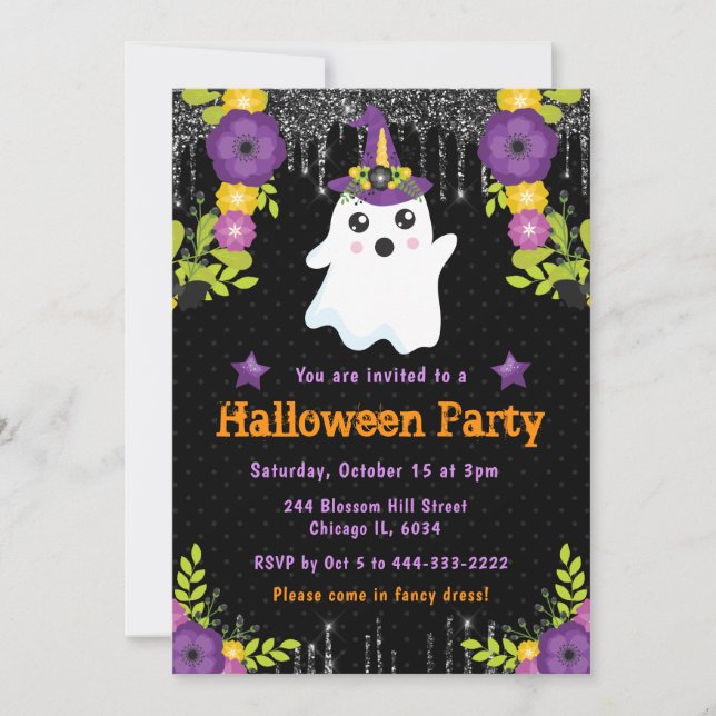 Invitación Fiesta de Halloween floral fantasma lindo (Anverso)