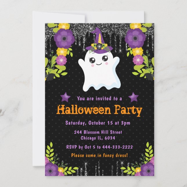 Invitación Fiesta de Halloween floral fantasma lindo (Anverso)