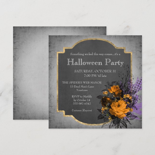 Invitación Fiesta de Halloween floral gótica (Anverso / Reverso)