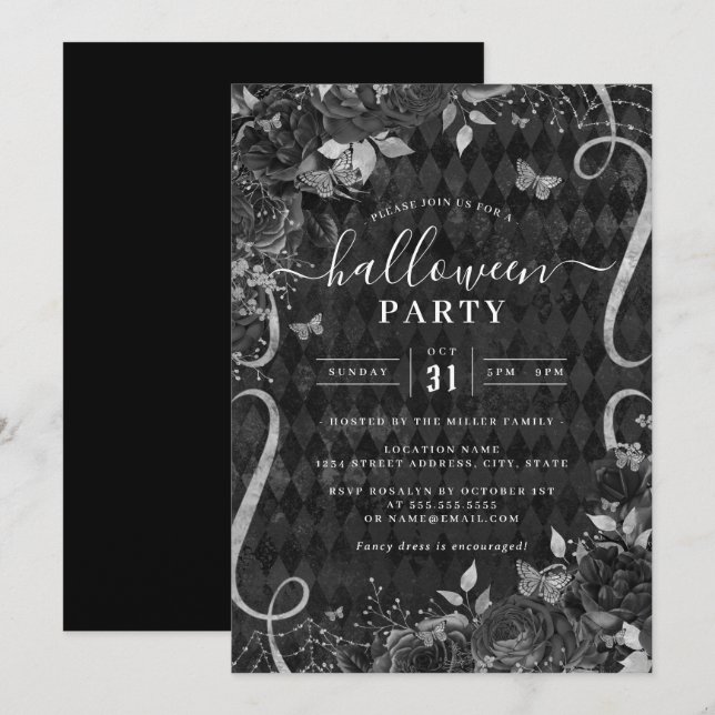 Invitación Fiesta de Halloween Floral Oscura Espeluznante Neg (Anverso / Reverso)