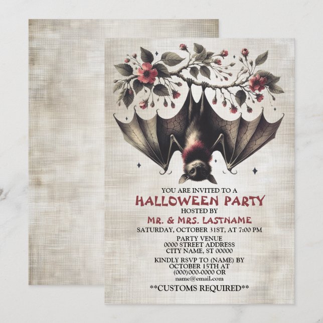Invitación Fiesta de Halloween Flores Rosa murmuran hojas ver (Anverso / Reverso)