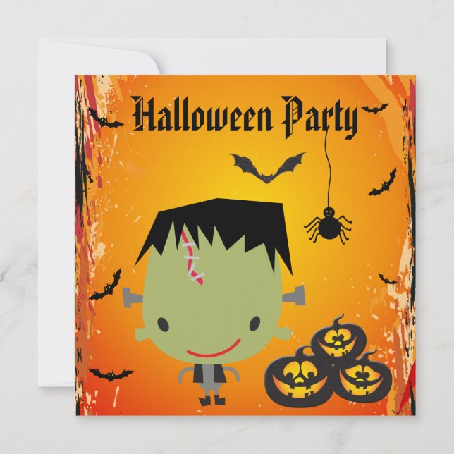 Invitación Fiesta de Halloween Frankie, Pumpkins, Bats & Spid (Anverso)