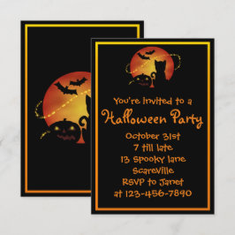 Invitación Fiesta de Halloween Gato Calabaza y Murciélagos