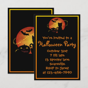 Invitación Fiesta de Halloween Gato Calabaza y Murciélagos