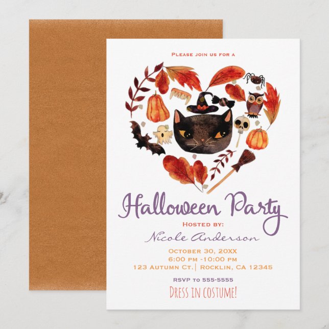 Invitación Fiesta de Halloween Gato Negro Acuarela Caprichosa (Anverso / Reverso)