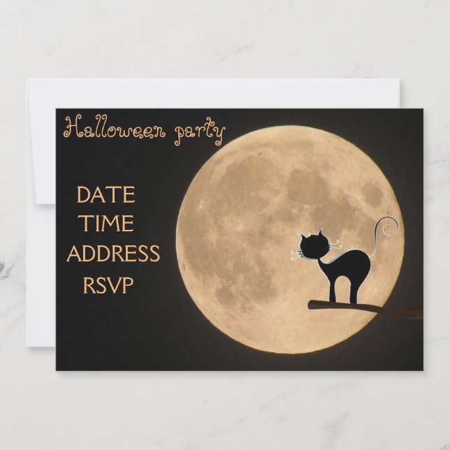 Invitación Fiesta de Halloween gato negro luna llena (Anverso)