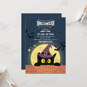 Invitación Fiesta de Halloween Gato Negro Luna Murciélago Bru