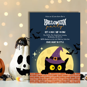 Invitación Fiesta de Halloween Gato Negro Luna Murciélago Bru