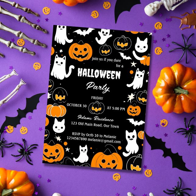 Invitación Fiesta de Halloween gatos retro gatos gatos fantas (Groovy Halloween party jack o lanterns ghosts cats black template invitation instant download)