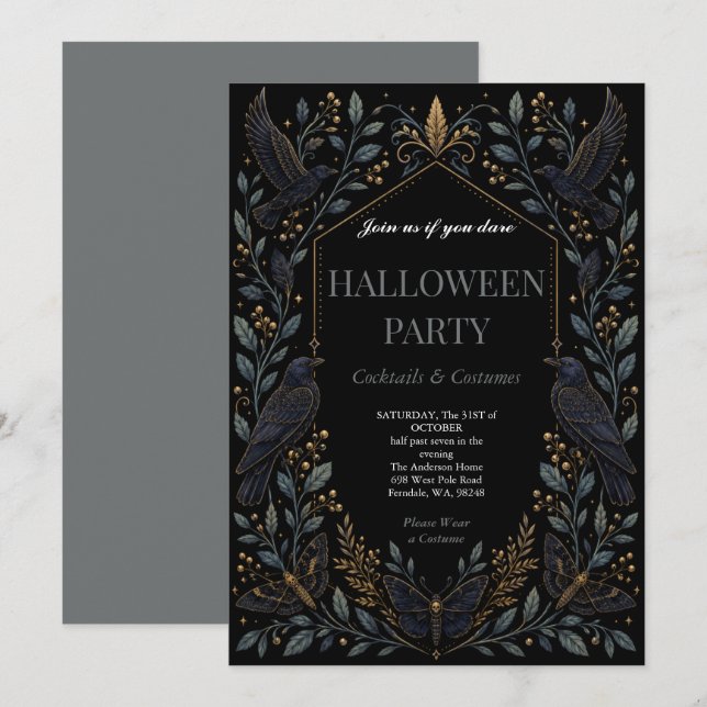 Invitación Fiesta de Halloween Gótica Cuervo Oscuro  (Anverso / Reverso)