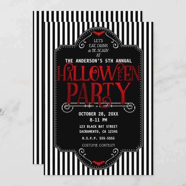 Invitación Fiesta De Halloween Gótica De Bandas Blancas Y Neg (Anverso / Reverso)