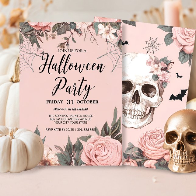 Invitación Fiesta de Halloween gótico con flores rosadas (Subido por el creador)