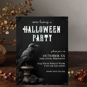 Invitación Fiesta de Halloween Gótico Cuervo y Rosa Negra