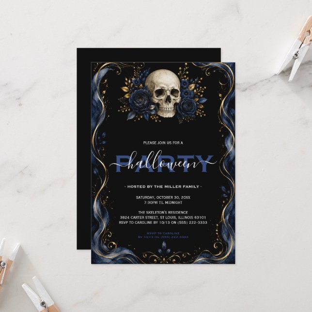 Invitación Fiesta de Halloween Gótico de Oro Azul (Anverso/Reverso In Situ)